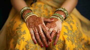 Close-up of indian bridal hands with henna tattoo. AI Generated. photo