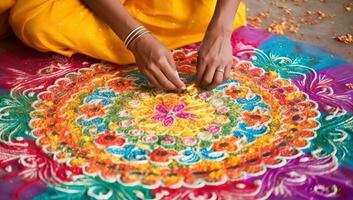 Close up of indian woman's hands with colorful paisley. AI Generated. photo