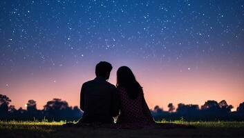 Silhouette of young couple sitting on grass and looking at starry sky. AI Generated. photo