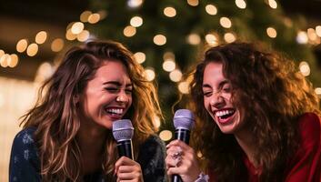 Two beautiful young women singing karaoke in front of christmas tree. AI Generated. photo