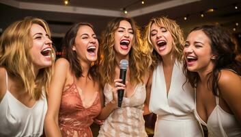 grupo de contento joven mujer canto karaoke juntos en un Club nocturno. ai generado. foto