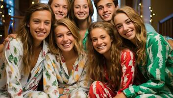 grupo de amigos en pijama sonriente a cámara en el habitación. ai generado. foto