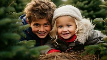 retrato de dos pequeño niños en invierno ropa mirando a cámara y sonriente. ai generado. foto