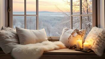 Cozy winter evening in the window with a beautiful view of the forest. AI Generated. photo