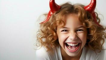 Happy little girl with red devil horns on white background. Halloween. AI Generated. photo