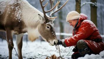 joven hombre alimentación reno en invierno bosque con nieve. ai generado. foto