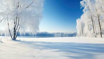 Beautiful winter landscape with frozen lake and trees in hoarfrost. AI Generated. photo