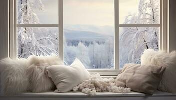 winter landscape with snow covered trees and cozy pillows on windowsill. AI Generated. photo