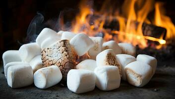 Marshmallows on the background of a burning fireplace. Close-up. AI Generated. photo