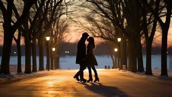 silueta de un joven Pareja en amor en un invierno noche. ai generado. foto