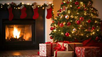Navidad árbol con regalos y hogar a hogar. ai generado. foto