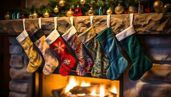 Christmas socks in front of fireplace. Christmas and New Year concept. AI Generated. photo