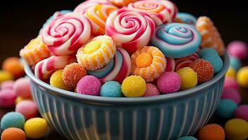 Colorful candies in bowl on blur dark background. AI Generated. photo