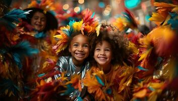 smiling little girls in carnival costumes. AI Generated. photo