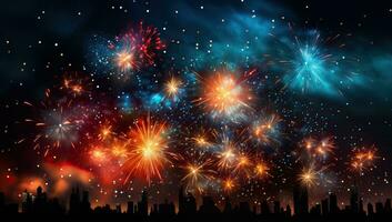 Cityscape with fireworks in the night sky, New Year celebration background. AI Generated. photo