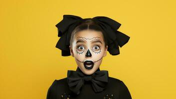 a cute little girl with halloween make-up on a yellow background. AI Generated. photo