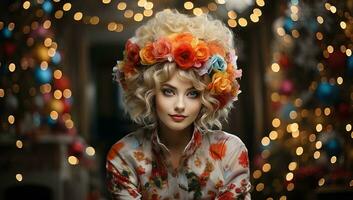 young woman with wreath of flowers on head. AI Generated. photo