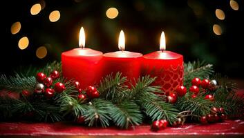 Christmas candles with fir branches, red berries and bokeh background. AI Generated. photo