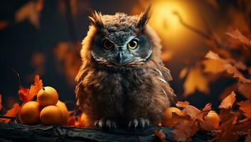 Owl sitting on a tree branch with autumn leaves and oranges. AI Generated. photo