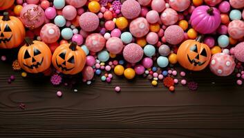 Halloween candy and sweets on wooden background. AI Generated. photo