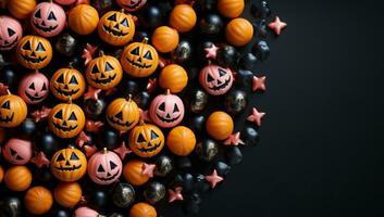 Halloween background with pumpkins and candies. Top view. AI Generated. photo