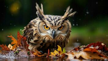 Owl sitting on autumn leaves in rain. AI Generated. photo