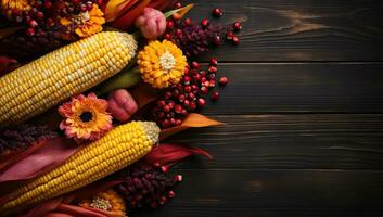 Autumn still life with corn, flowers and berries on wooden background. AI Generated. photo