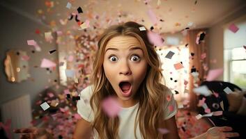 Surprised girl looking at confetti in living room at home. AI Generated. photo