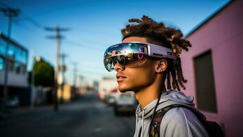 joven africano americano hombre vistiendo virtual realidad lentes. ai generado. foto