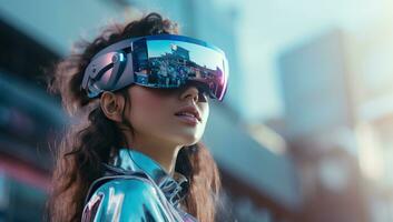 Beautiful young asian woman wearing virtual reality goggles in the city. AI Generated. photo