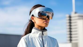 retrato de joven asiático mujer vistiendo virtual realidad lentes a ciudad. ai generado. foto