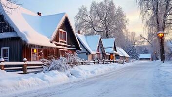 Houses in a small village in the winter. Winter landscape. AI Generated. photo