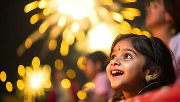 contento asiático niño celebrando diwali festival con Fuegos artificiales antecedentes. ai generado. foto