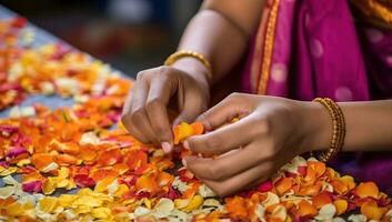 Indian woman making diwali with flower petals in her hand. AI Generated. photo