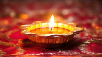 Diwali diya or oil lamp on colorful rangoli background. AI Generated. photo