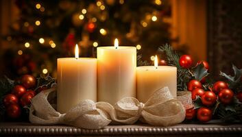 Christmas decoration with burning candles on wooden table over christmas tree background. AI Generated. photo