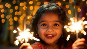 indio pequeño niña participación bengalas con bokeh ligero antecedentes. ai generado. foto