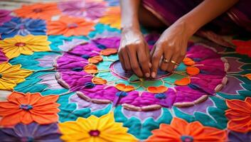 Close up of indian woman hand embroidering colorful flowers. AI Generated. photo