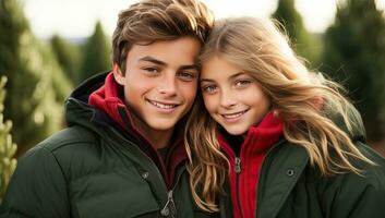 happy young couple in winter clothes looking at camera outdoors. AI Generated. photo
