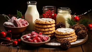 Christmas cookies with milk and berries. AI Generated. photo