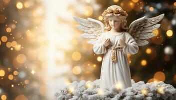 Christmas angel with snow and bokeh background. AI Generated. photo