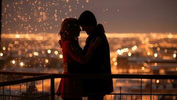 silueta de un amoroso Pareja mirando a el ciudad a puesta de sol. ai generado. foto