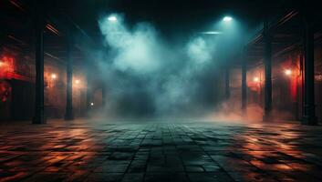 Foggy night scene in a dark corridor. AI Generated. photo