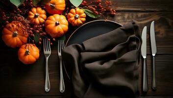 Thanksgiving table setting with pumpkins and cutlery. AI Generated. photo