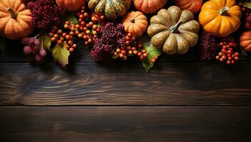 Autumn background with pumpkins, berries and leaves on wooden background. AI Generated. photo