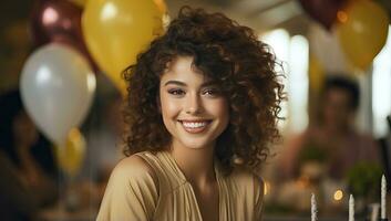 Portrait of beautiful young woman smiling at camera. AI Generated. photo
