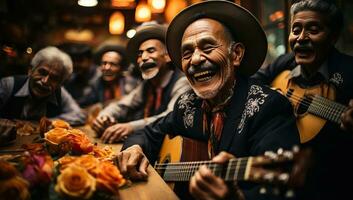 Mexican musicians playing guitar and singing in traditional mexican restaurant. AI Generated. photo