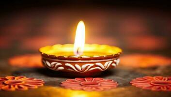 Diwali - Clay Diya lamps lit during Dipavali, Hindu festival of lights celebration. AI Generated. photo