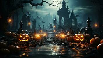 Scary spooky Halloween background with pumpkins. AI Generated. photo