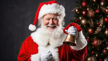 santa claus ringing christmas bell on dark background with christmas tree. AI Generated. photo